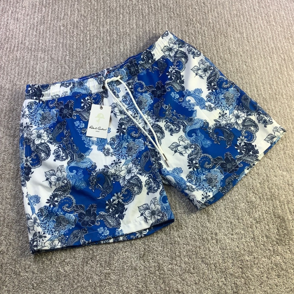 Robert Graham Mens Floral Paisley Swim Trunks Blue White SMRG104 Size XL NWT